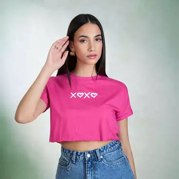Virgio Women Crop Length Regular Boxy Fit Round Top M розовый