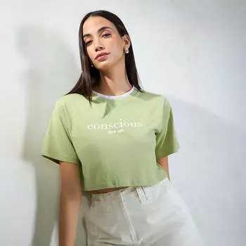Virgio Women Crop Length Regular Boxy Fit Round Top S зелёный