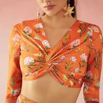 Virgio Women Crop Top Length 3/4 Sleeve Fitted Fit V Neck Top XS оранжевый