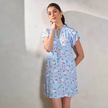 Virgio Women Knee Length Flutter Sleeve Relaxed Fit Mandarin Collar Dress L синий