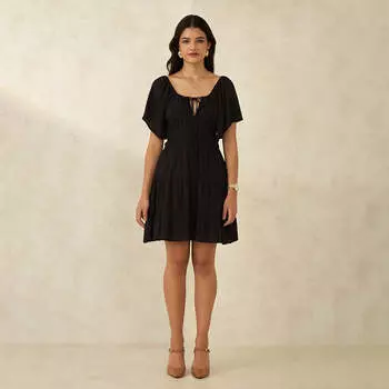 Virgio Women Knee Length Length Puff Sleeves Fit And Flare Fit Square Neck Dress S чёрный