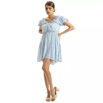 Virgio Women Knee Length Puff Sleeve Fit And Flare Fit V-Neck Dress XS синий