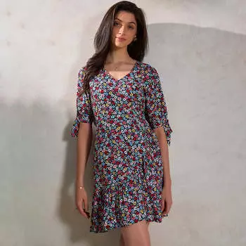 Virgio Women Knee Length Puff Sleeve With Tie-Up Regular Fit V-Neck Dress XS чёрный