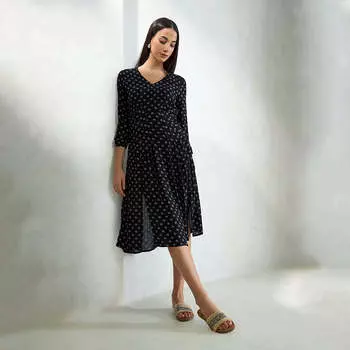 Virgio Women Midi Length Blouson Sleeve Regular Fit V-Neck Dress XS чёрный