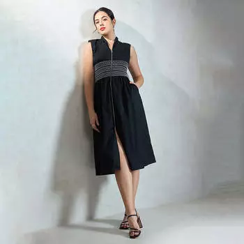 Virgio Women Midi Length Sleeveless Fit And Flare Fit V-Neck Dress XS чёрный