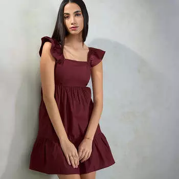 Virgio Women Mini Length Strap With Raffle Fit And Flare Fit Square Dress XS малиновый