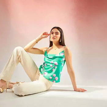 Virgio Women Regular Length Sleeveless Regular Fit Cowl Neck Top S зелёный