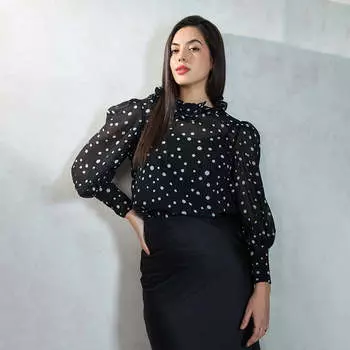 Virgio Женский стандартной длины Puff Regular Fit Ruffle Neck Top XS чёрный