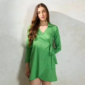 Virgio Женское мини-платье с длинными рукавами и V-образным вырезом XS зелёный