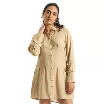 Virgio Женское мини-платье с длинными рукавами и манжетами, стандартный крой, отложной воротник XS бежевый