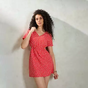 Virgio Женское мини-платье с обычными рукавами и расклешенным кроем и V-образным вырезом XS коралловый