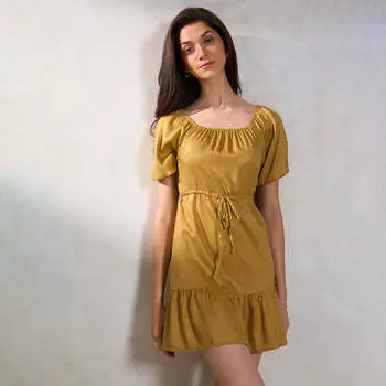 Virgio Женское мини-платье с пышными рукавами и расклешенным кроем S бежевый