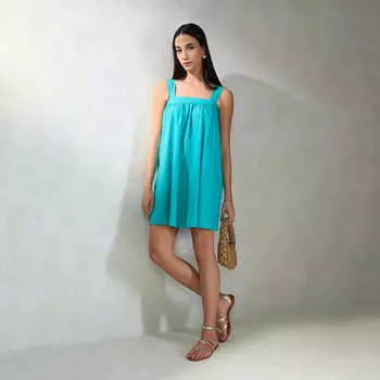 Virgio Женское мини-платье с широкими бретелями, расклешенное, прямого кроя L синий