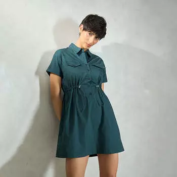 Virgio Женское мини-платье с удлиненными рукавами и воротником-рубашкой XS зелёный