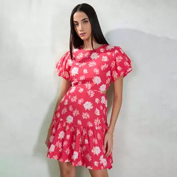 Virgio Женское Платье До Колена С Буфами И Рукавами Приталенного Покроя Круглое Платье M коралловый