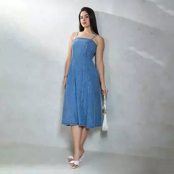 Virgio Женское Платье Миди Длины Без Рукавов Облегающее Квадратное Платье Расклешенного Кроя XL синий