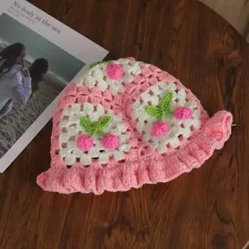 Вишневая ажурная вязаная шапка из шерсти ручной работы с волнистым краем, симпатичная шапка, женская трендовая шляпа-ведро с ушками M56-58cm