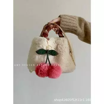 Вишневая плюшевая сумка для девочек женская 2024 года, новая осенне-зимняя пушистая косая сумка через плечо, маленькая пушистая сумка белый