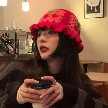 Вишневая шляпа-ведро, связанная вручную шерстяная шапка, милая и симпатичная, интернет-знаменитости в такой же шляпе показывают маленькое лицо M56-58cm красный