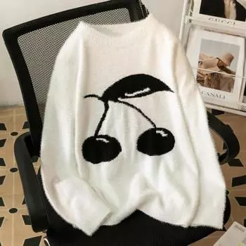 Вишневый жаккардовый женский вязаный свитер, простой универсальный круглый вырез, женский длинный рукав, осенний повседневный повседневный топ M