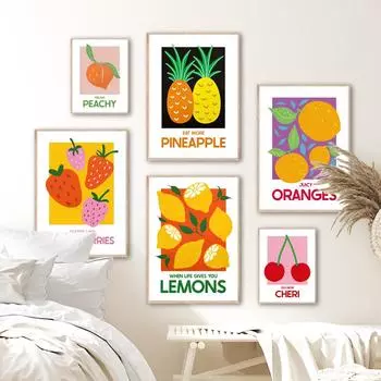 Вишня, лимон, апельсин, клубника, абстрактные фрукты, настенная живопись, холст, живопись, плакаты на скандинавскую тему, принты, настенные панно для декора гостиной, без рамки 21*30cm No Frame