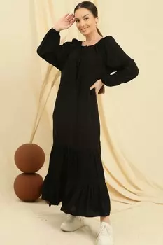 Вискозное платье оверсайз с длинными рукавами и воротником на шнуровке