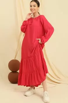 Вискозное платье оверсайз с длинными рукавами и воротником на шнуровке