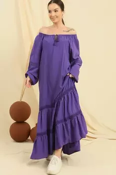 Вискозное платье оверсайз с длинными рукавами и воротником на шнуровке