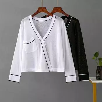 Вискозный кардиган с длинными рукавами и v-образным вырезом, пуловер на пуговицах для женщин, повседневные черно-белые ледяные шелковые шифоновые блузки с защитой от ультрафиолета, рубашки с карманами one size белый