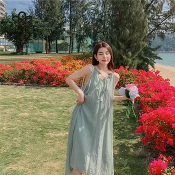 Висячее платье с бретельками для шеи, женское летнее новое элегантное платье без рукавов средней длины с жилетом и бретельками для женщин S зелёный