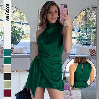 Висячие атласные бретели премиум-класса, тонкое платье, темпераментные короткие платья S темно-зеленого