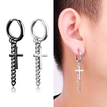 Висячие несколько стилей, кулон в стиле панк, мужские ювелирные изделия-обручи, серебристый, черный крест, крутые модные серьги из титановой стали с длинной цепочкой, готические серьги ручной работы