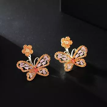 Висячие серьги с цирконием и бабочкой для девочек, милые эффектные серьги-гвоздики из серебра 925 пробы, роскошные ювелирные изделия с иглами оранжевый