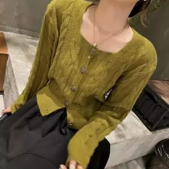 Витой короткий свитер, кардиган, женский, весна 2022, новый винтажный стиль, однобортный вязаный кардиган с квадратным вырезом, пальто-свитер One Size красный