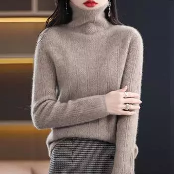 Витой пуловер с высоким воротником, кашемировый свитер для женщин, шерстяной вязаный свободный свитер с длинными рукавами и воротником-стойкой, женский пуловер