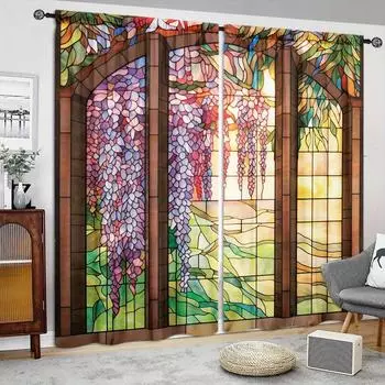Витраж с принтом в виде цветка глицинии для домашнего декора - оконная отделка с карнизом для спальни, кухни, гостиной 52.5cmX116cm X 2pcs