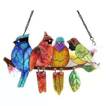 Витражная акриловая подвеска-ловец солнца «Птицы на ветке» с 4 птицами для украшения сада и дома, подарок для любителя птиц для мамы, бабушки Bird