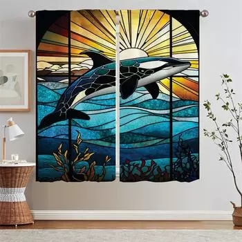 Витражные рождественские шторы Sealife для гостиной, подхваты для штор, шторы для спальни, 2 шт., жалюзи, щупальца, завитки W50xH70cmx2pcs-CL