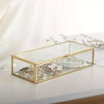 Витрина для ювелирных изделий, прямоугольная стеклянная коробка, винтажная стеклянная коробка с золотым краем и крышкой золотой