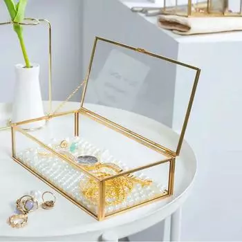 Витрина для ювелирных изделий, винтажная стеклянная коробка с золотым краем и крышкой, прямоугольная стеклянная коробка золотой