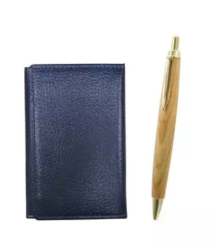 Визитница из синей зернистой кожи Takizawa с набором шариковой ручки из ретро-клена в виде бочонка MEIL-HS47S