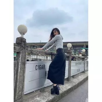Vjisha Street Retro Frayed Denim Skirt Front Slit High Waist Skirt Blogger Washed Distressed Long Skirt Sheath Black XS