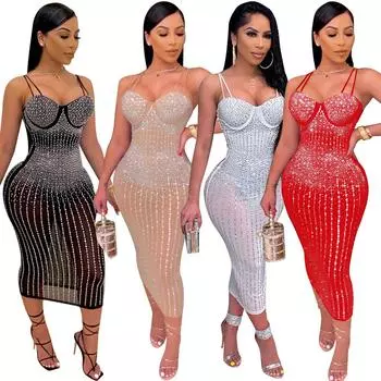 VK2072 Женское облегающее платье с открытыми плечами и бриллиантами XL красный