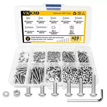 VKKM 420PCS Stainless Steel Half Round Head Hexagonal Bolts, Nuts, Washers M2.54-20mm M2.5 Flat Washer, M2.5 Nuts Silver, 420