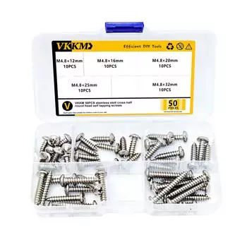 VKKM 50-Piece M4.8 Stainless Steel Cross Recessed Pan Head Self-Tapping Screw Kit - Precision Fastening for Various Application
