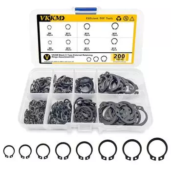 VKKM Black C Type External Retaining Rings Assortment Kit #M8, #M10, #M12, #M14, #M16, #M18, #M20, Black, 200 PCS чёрный