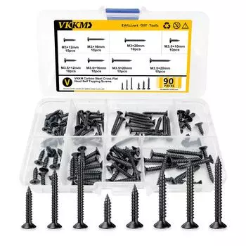 VKKM Carbon Steel Cross Flat Head Self Tapping Screws M312, M316, M320, M3.510, M3.512, M3.516, M3.520 Black, 90 PCS