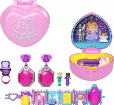 Включает в себя 2 коллекционные куклы Polly Pocket Compact Keepsake Collection, ювелирные украшения для королевского бала, коллекционный аксессуар Unicorn Castle, набор, игрушку.