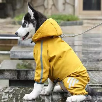 Включая ноги, дождевик для собак, верхняя одежда, все включено, регулируемая пряжка, может буксировать, светоотражающий, 1 шт., водонепроницаемые принадлежности для домашних животных S жёлтый