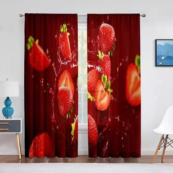 Вкусная большая клубника на красном фоне, прозрачная вуаль, занавеска с фруктами, тюлевые шторы для украшения гостиной, спальни 1 PCS W100XH250cm&Rod Pocket
